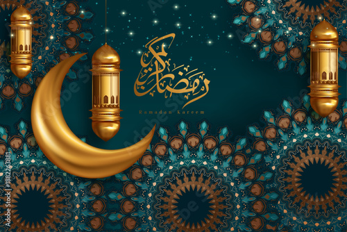 Elegant Ramadan Kareem Background with Gold Moon and Mandalas. Islamic Festival Greeting with 3D Lanterns on Teal Patterned Backdrop