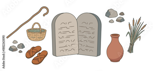 Cartoon illustration set of ancient biblical items including the Ten Commandments tablets, a shepherd's staff, wicker basket, sandals, clay jug, and reeds for religious storytelling