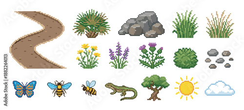 Large set of pixelated nature assets showing a winding path, various plants, insects, a lizard, rocks, and weather icons like the sun and a cloud in a classic video game style