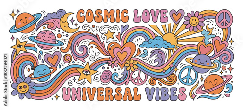 Psychedelic groovy doodle illustration with cosmic love and universal vibes text featuring smiling planets, rainbows, hearts, and flowers in a retro 70s style
