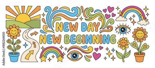 Colorful retro doodle illustration with a motivational quote 'New Day New Beginning' surrounded by groovy psychedelic elements like smiling flowers, rainbows, and mystic eyes