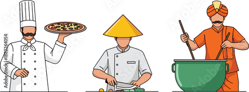 world chef illustration set, italian asian indian cooks preparing food, cultural cuisine characters, restaurant kitchen artwork, isolated white background