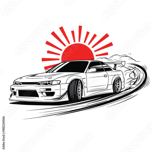Japanese Style Sports Car Drifting with Bold Rising Sun Vector Art