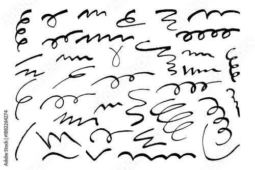 Collection of hand drawn black messy doodles grunge scribbles and rough brush strokes isolated on white background. Abstract artistic elements for design, typography, posters, branding, textures.