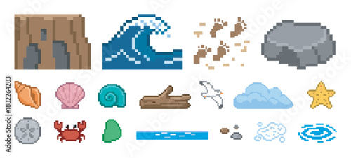 Set of pixel art beach icons featuring a wave, crab, seashell, starfish, and other seaside elements in a retro 8-bit video game style for creative digital design