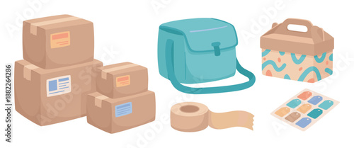 Collection of shipping and packaging supplies including cardboard boxes, a courier bag, adhesive tape, and gift tags illustrated in a simple, clean cartoon style