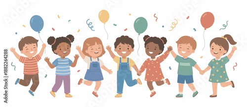 Diverse group of happy cartoon children holding hands and jumping together during a festive celebration with colorful balloons and confetti in a cute flat vector illustration style