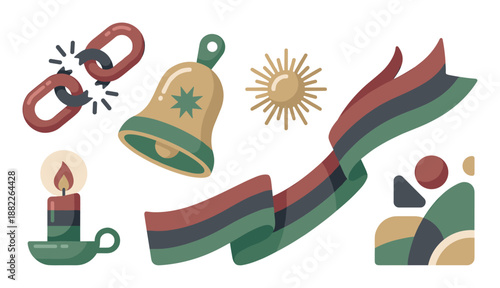 Set of cultural freedom celebration icons featuring a broken chain, liberty bell, candle, sun, and a red, black, and green ribbon in a flat vector illustration style