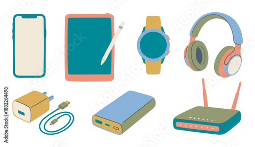 Collection of colorful modern electronic gadgets including a smartphone, tablet, smartwatch, and headphones in a flat hand-drawn illustration style for technology concepts