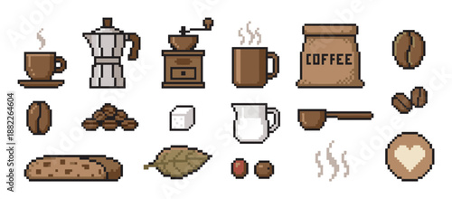 Set of pixel art coffee icons featuring a moka pot, grinder, beans, mug, and sugar cube in a retro 8-bit video game style for cafe or beverage themed designs