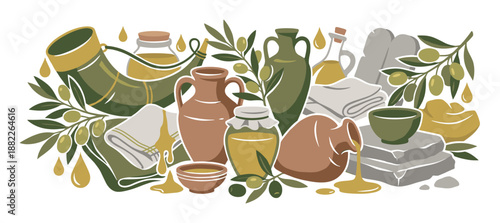 Ancient biblical symbols including olive oil jars, a shofar horn, stone tablets, and olive branches arranged in a stylized flat vector illustration with an earthy color palette