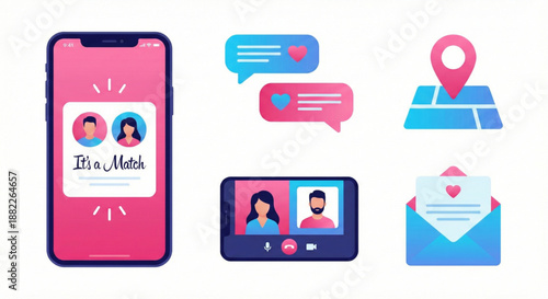 Dating App Icons Matchmaking, Chat, Video Call, Location, and Love Letter