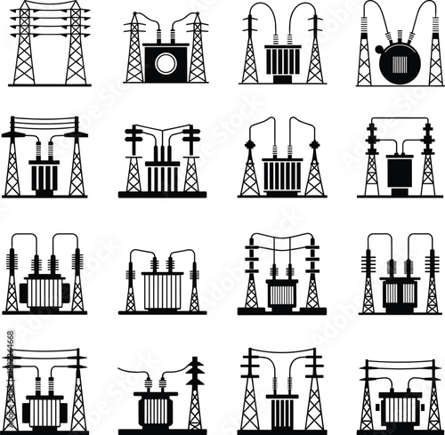Set of electrical transformer and power substation icons illustrating high voltage energy distribution infrastructure, industrial electricity equipment, grid technology, isolated vector illustration