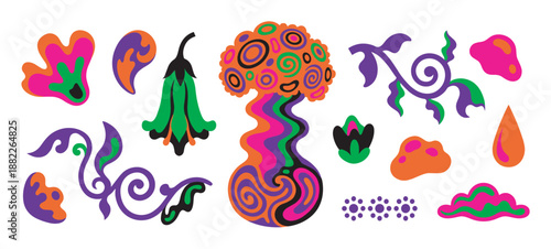 Set of psychedelic groovy abstract elements in a retro 1960s style with vibrant colors, featuring surreal floral shapes, swirls, and organic forms for a hippie-inspired design