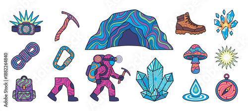 Set of psychedelic caving and hiking icons with a caver, cave, crystals, and equipment in a vibrant, trippy vector illustration style for adventure and exploration themes