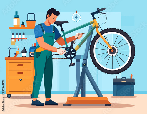 Man in overalls repairing a bicycle on a stand in a workshop, adjusting the chain and gears.