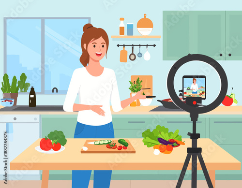 A woman in a modern kitchen recording a cooking video with fresh vegetables on the counter, using a ring light and tablet.