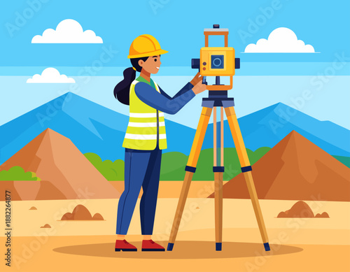 A female surveyor in a hard hat and safety vest operating a total station on a construction site with mountains in the background.
