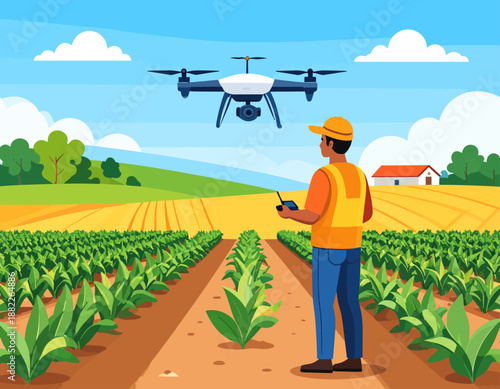 A farmer uses a drone to monitor crops in a vast agricultural field under a clear sky.