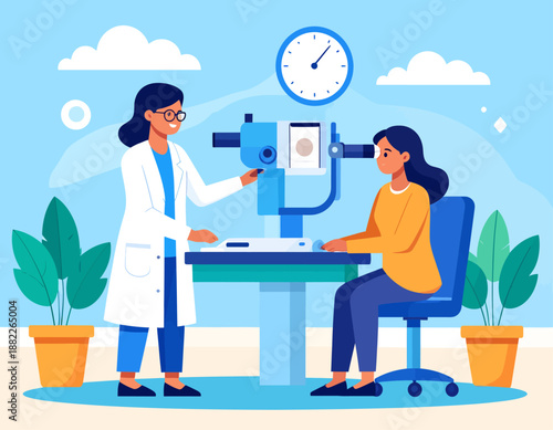 A female optometrist conducting an eye examination for a patient using specialized equipment in a clinic.