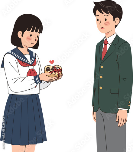 Flat Vector Illustration of Japanese Schoolgirl Giving Valentine Chocolate to Classmate, Teen Romance Tradition in Japan