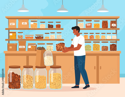 Man shopping for bulk food in a zero-waste grocery store, filling containers with dry goods from various dispensers.