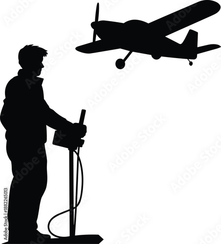 Silhouette of aviation ground crew guiding small propeller airplane during landing or takeoff, showcasing airport operations, air traffic control support, and professional aviation safety teamwork