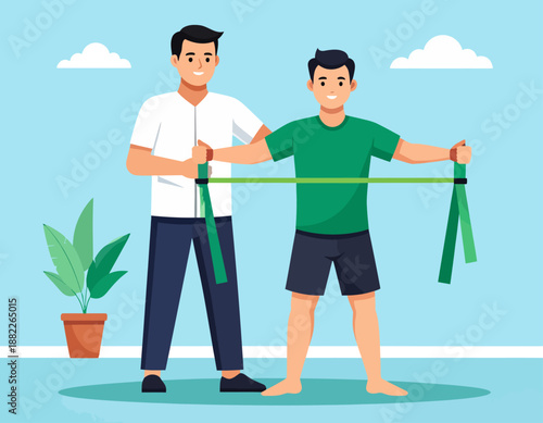 A man receiving physical therapy from a trainer using a resistance band for arm exercises in an indoor setting.