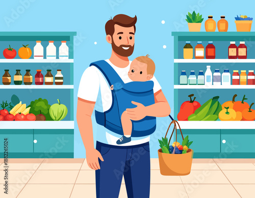 A father carrying his baby in a blue carrier while grocery shopping in a supermarket aisle filled with fresh produce and various products.