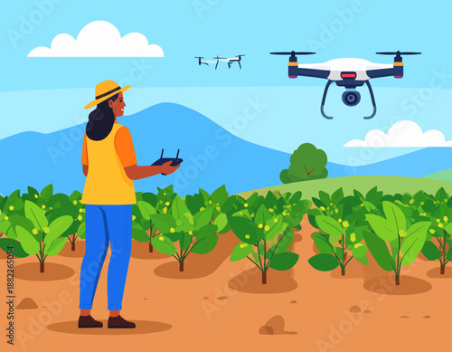 A person operating a drone over a field of crops, illustrating modern agricultural technology and smart farming practices.