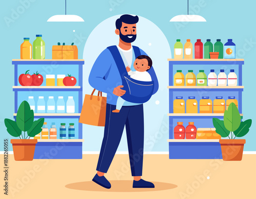 A father carrying his baby in a front carrier while shopping at a grocery store. Flat vector illustration of modern parenting, fatherhood, and daily life.