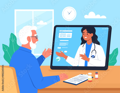 Elderly man having a virtual doctor's appointment via tablet, receiving online medical consultation from a female physician at home.