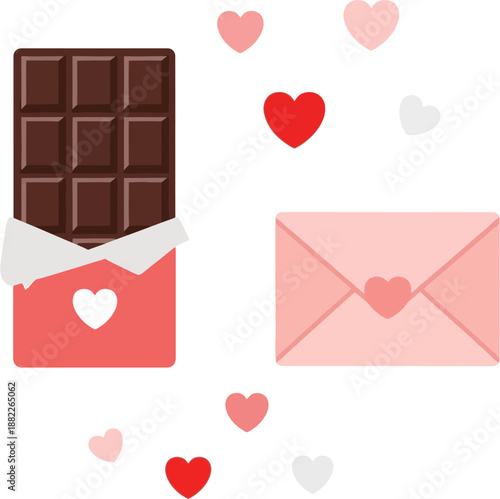 Flat Vector Illustration of Valentine Chocolate Bar and Love Letter Envelope, Romantic Japanese Valentine Symbols