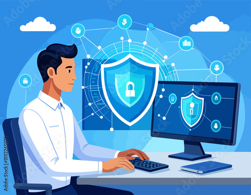 A man working on a computer with cybersecurity and data protection themes, featuring shield and lock icons in a digital network.