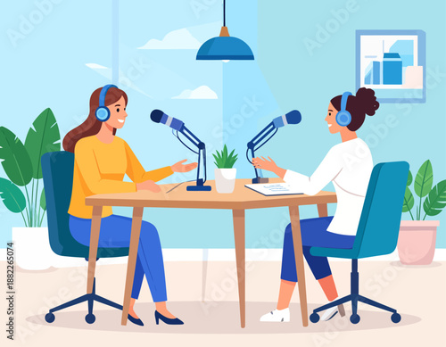 Two diverse women recording a podcast or radio show in a modern studio. Flat vector illustration of digital media, broadcasting, and content creation.