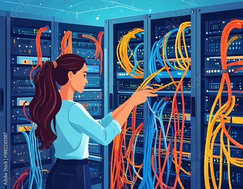 A woman in a data center managing a complex network of colorful cables in server racks.