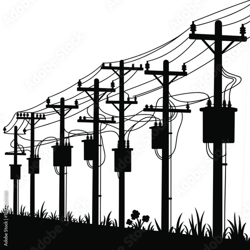 Silhouette of electric power transmission poles and overhead lines in rural landscape, energy infrastructure concept, electricity distribution network, utility grid, minimal vector style illustration