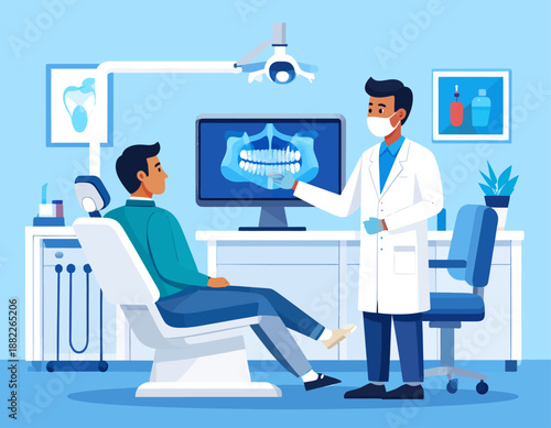A dentist explaining a dental X-ray to a male patient in a clinic.