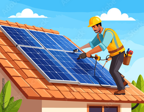 A man installing solar panels on a house roof, illustrating renewable energy and sustainable technology.