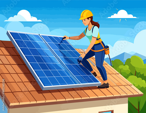 A woman in a hard hat installing blue solar panels on a brown tiled roof of a house under a blue sky with clouds.