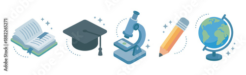 Isometric education and learning icon set featuring an open book, mortarboard, microscope, pencil, and globe, representing science, knowledge, and academic achievement