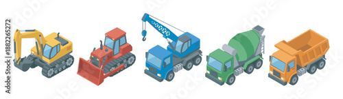 Colorful set of isometric construction vehicles including an excavator, bulldozer, crane, cement mixer, and dump truck, rendered as a detailed vector illustration for building projects