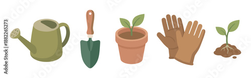 Set of essential gardening tools including a watering can, trowel, potted seedling, gloves, and sprout with roots, shown in a charming flat vector illustration style for hobbyists