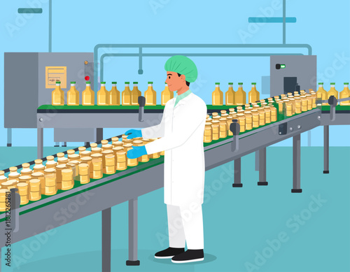 A worker in a white lab coat and hairnet inspecting yellow bottles on a conveyor belt in a food or beverage production factory.