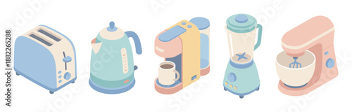 Set of pastel colored kitchen appliances including a toaster, kettle, coffee maker, blender, and stand mixer shown in a cute isometric illustration style