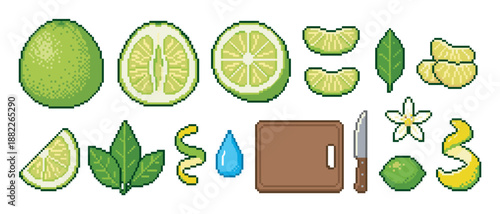 Pixel art lime fruit icon collection showing whole citrus, slices, wedges, leaves, zest, a flower, a knife, and a cutting board in a retro 8-bit video game style