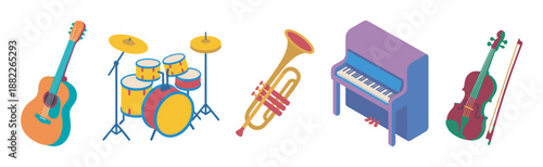 Colorful set of musical instruments including a guitar, drum kit, trumpet, piano, and violin in a modern flat vector illustration style for music education or entertainment concepts