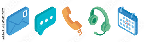 Colorful set of isometric communication icons including an envelope, chat bubble, telephone, headset, and calendar representing customer service and contact methods