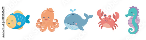 Set of five adorable sea creature characters with smiling faces, featuring a fish, octopus, whale, crab, and seahorse in a colorful pastel cartoon vector illustration