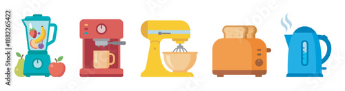 Colorful set of kitchen appliance icons showing a blender, coffee machine, stand mixer, toaster, and electric kettle in a simple flat vector illustration style for home cooking